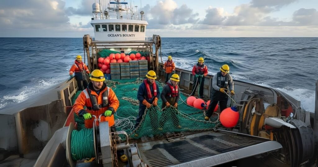 Commercial fishing vessel crew working with proper safety equipment showing maritime employer liability coverage needs