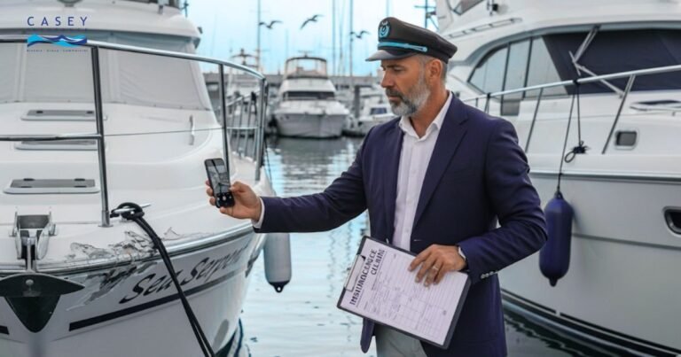 Yacht owner documenting boat damage with smartphone and insurance claim forms for filing process