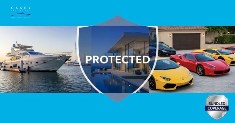Luxury yacht, home, and exotic cars showing comprehensive high net worth insurance bundle protection