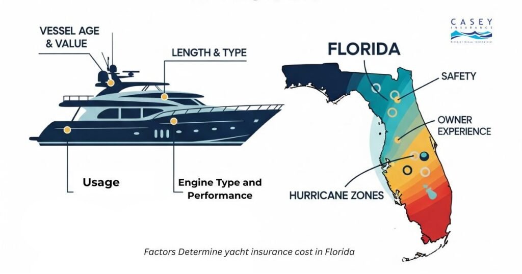 Yacht insurance cost factors Florida - vessel value navigation experience coverage infographic