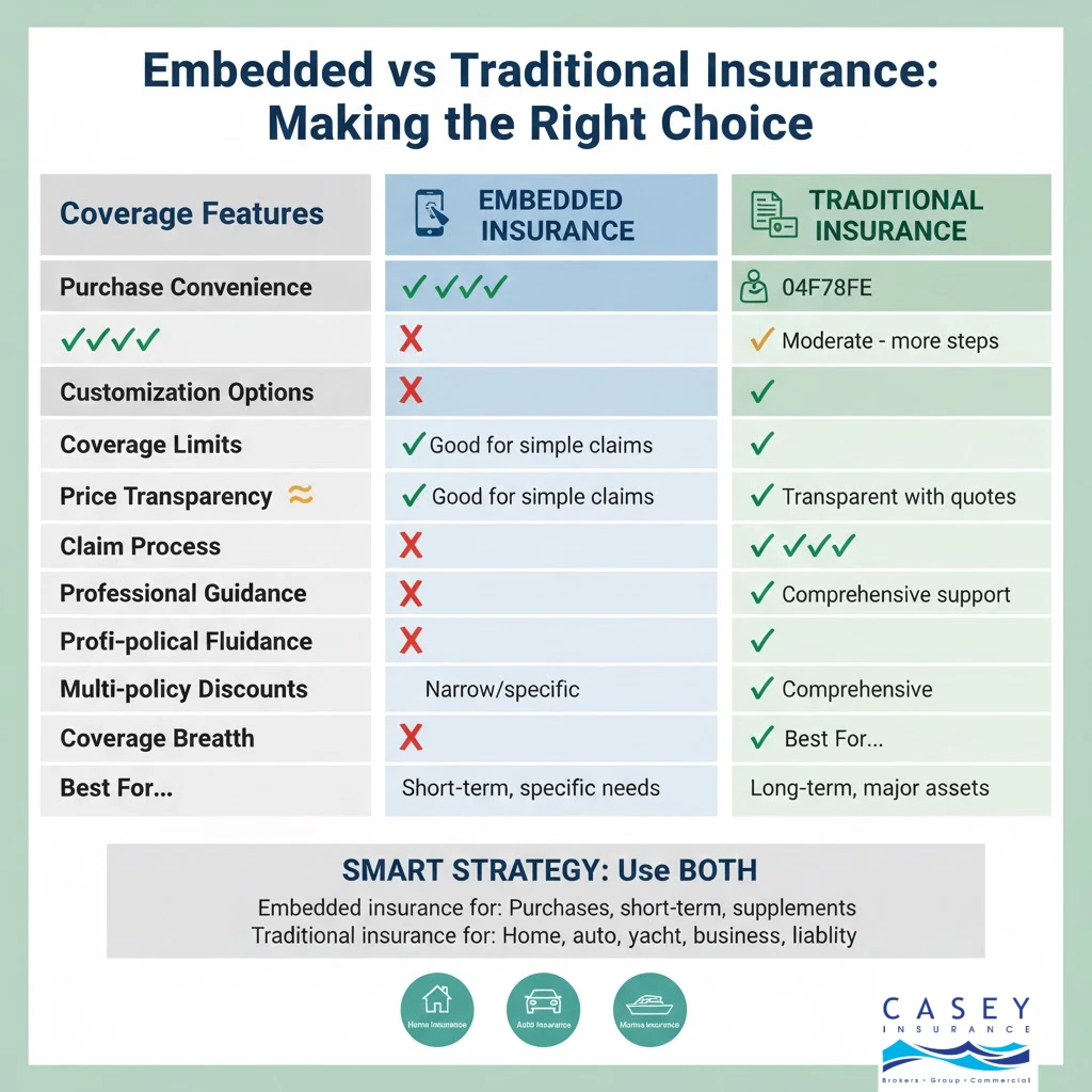 Embedded vs traditional insurance comparison chart showing coverage features pros cons and best uses for auto home yacht business insurance
