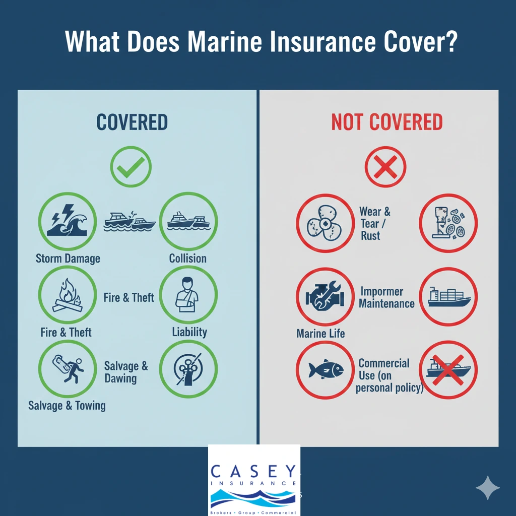 visual diagram showing what does marine insurance "Covered" versus "Not Covered" scenarios