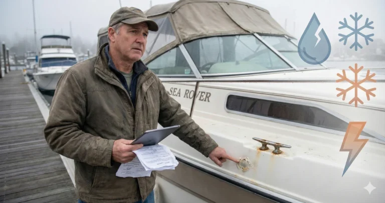 a boat owner looking concerned while examining their boat at a dock, holding insurance documents. The boat show subtle signs of common issues that owners might miss