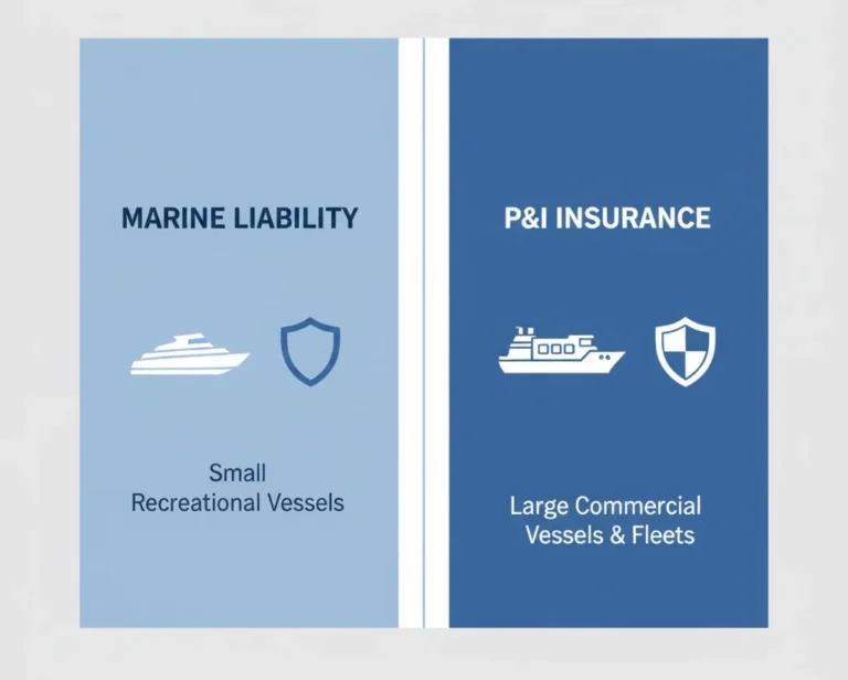 larger commercial vessel with a more intricate, interlocking shield icon, labeled "P&I Insurance." Use a clear divider or different color schemes to distinguish the two