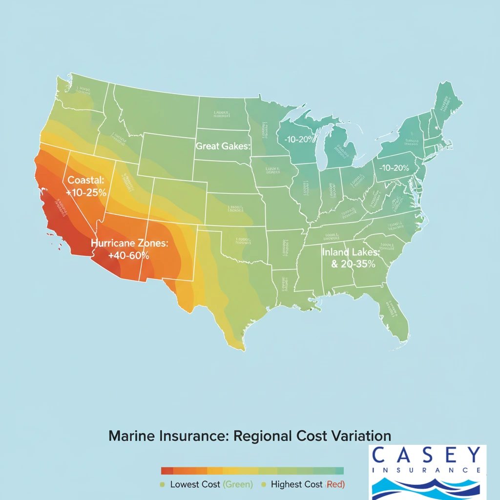 U.S. map with color-coded regions showing relative marine insurance costs. red/orange for highest cost areas (Florida, Gulf Coast, hurricane zones), yellow for moderate cost areas (Pacific Coast, some Atlantic regions), and green for lowest cost areas (inland states, Great Lakes, river systems)