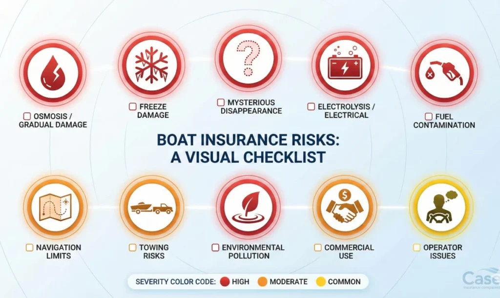 infographic showing the 10 marine insurance risks as a visual checklist icon-based diagram
