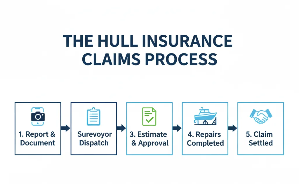 flowchart infographic of The Hull Insurance Claims Process.