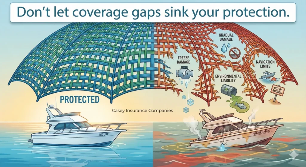 visual metaphor showing insurance coverage as a safety umbrella with visible gaps through which specific marine insurance risks can slip.