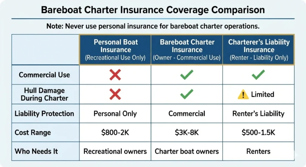 Bareboat charter insurance comparison table showing coverage differences between personal boat insurance, owner's charter insurance, and charterer's liability coverage