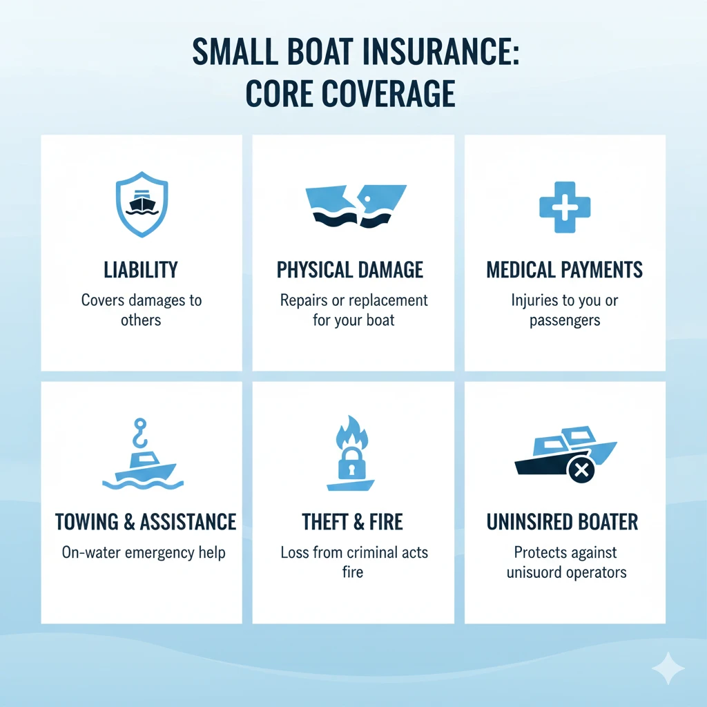 Infographic showing common small boat insurance coverages in the U.S.
