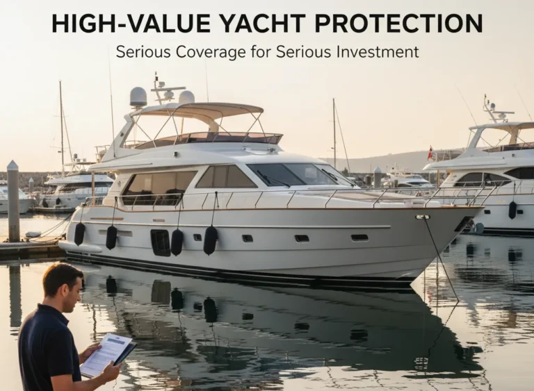 Luxury motor yacht at premium marina representing high-value yacht insurance coverage and protection requirements