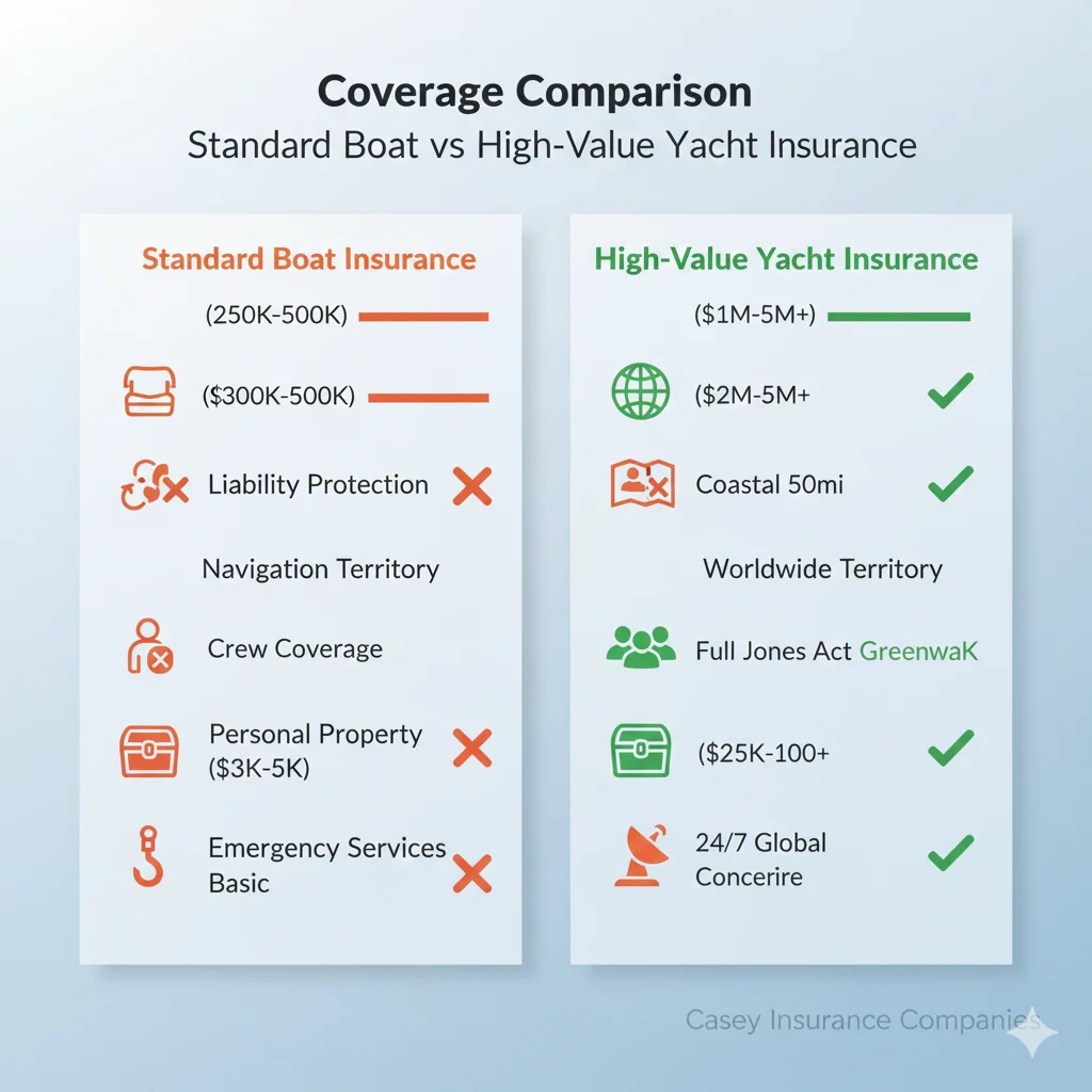 Infographic comparing standard boat insurance versus high-value yacht insurance coverage limits and features