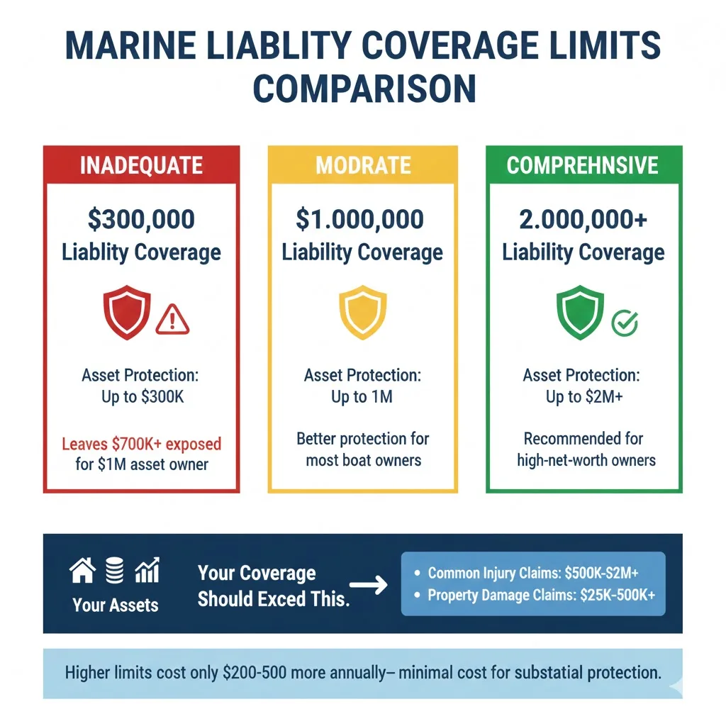 Marine liability insurance coverage limits comparison chart showing adequate protection levels for different asset values