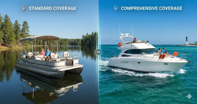 Comparison of standard boat insurance versus pleasure craft insurance showing different vessel types and coverage levels