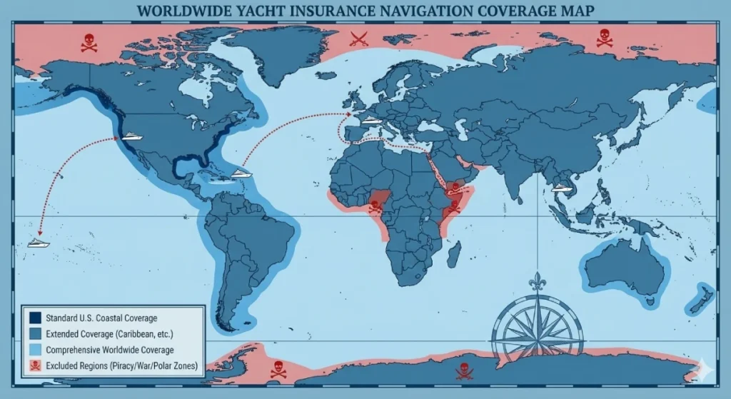 World map showing yacht insurance navigation territory coverage zones and excluded regions for international cruising