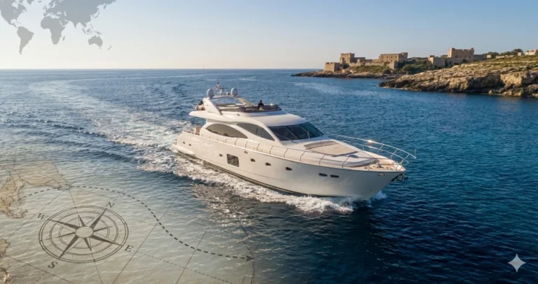 Luxury superyacht cruising international waters with worldwide navigation insurance coverage