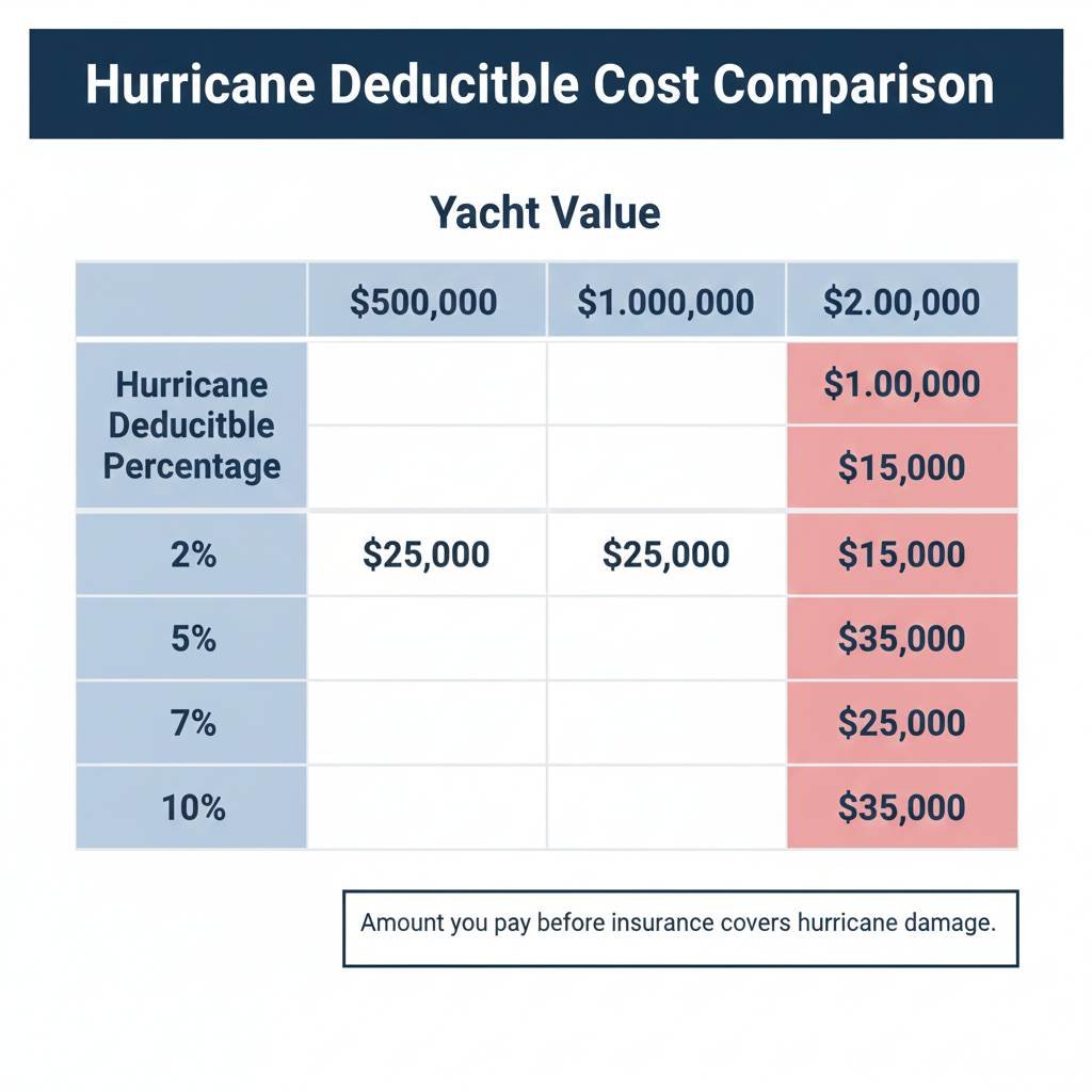 Hurricane insurance deductible comparison table showing out-of-pocket costs by yacht value and deductible percentage