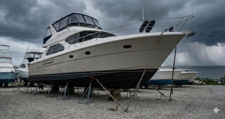 High-value yacht safely hauled out and secured at boatyard with hurricane storm clouds approaching for insurance protection