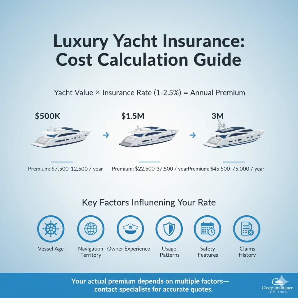 Visual breakdown of high-value yacht insurance premium calculation factors and example costs by vessel value
