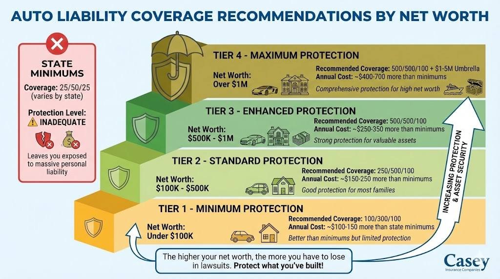 Auto liability insurance coverage recommendations by net worth showing minimum, standard, enhanced, and maximum protection levels with umbrella policies