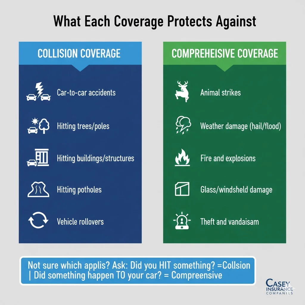 Infographic showing scenarios covered by collision insurance versus comprehensive insurance with examples