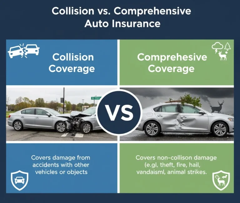 Collision versus comprehensive auto insurance comparison showing accident coverage and non-collision damage protection