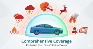 Comprehensive car insurance coverage showing protection against theft, weather, vandalism, animals, fire, and falling objects