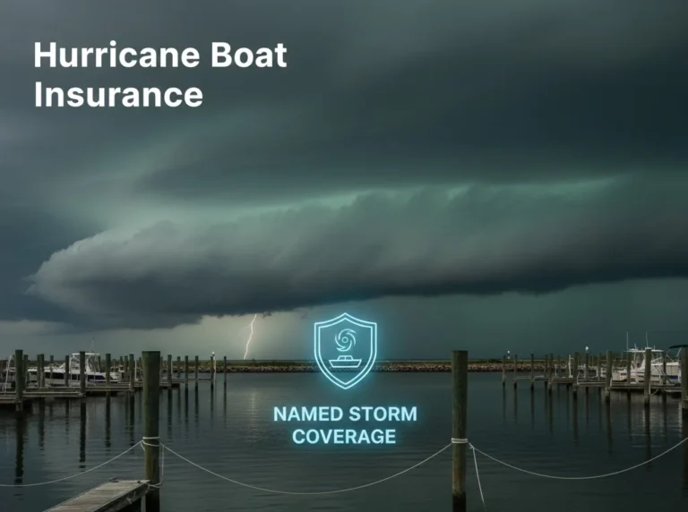 Hurricane insurance coverage for boats showing storm clouds and empty marina slips representing proper storm preparation