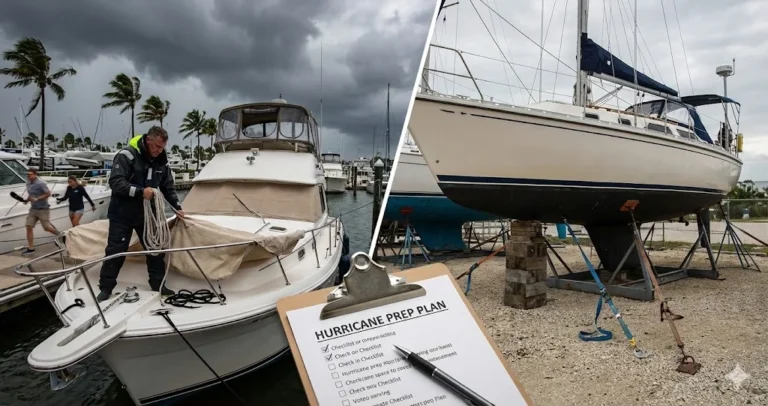 Hurricane boat insurance preparation checklist showing proper storm securing and haul-out procedures for boat owners