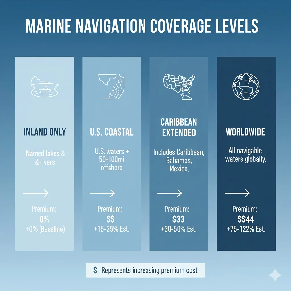 Marine insurance navigation coverage levels from inland only to worldwide with premium comparisons