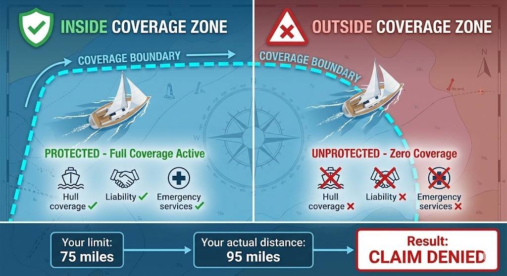 Navigation coverage zone comparison showing boat inside protected area versus outside coverage boundary with denied claims