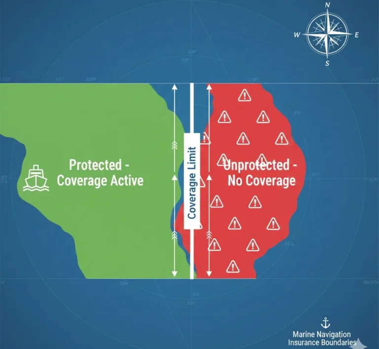 Navigation limits insurance map showing boat coverage zone boundaries and unprotected areas outside marine insurance territory
