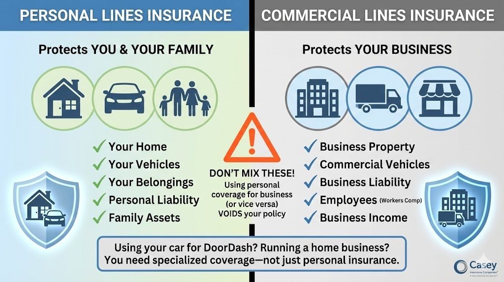Side-by-side comparison of personal lines insurance versus commercial lines insurance showing what each protects and coverage differences