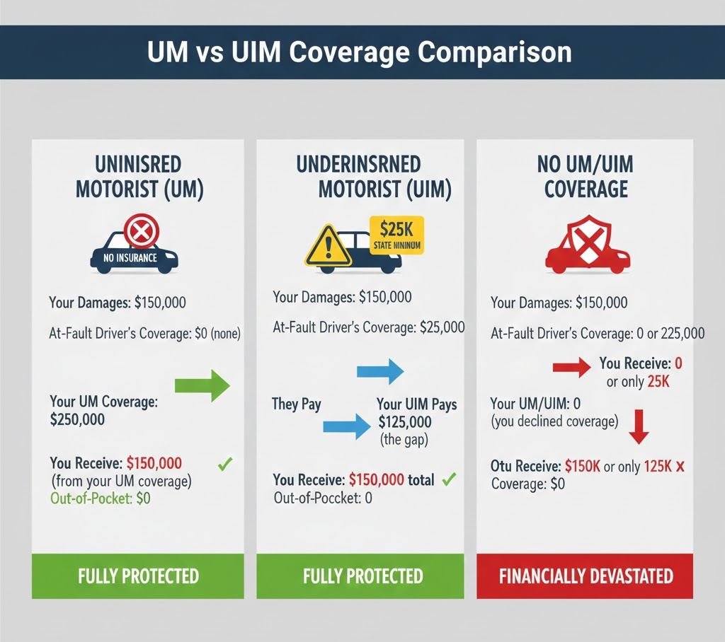 Uninsured and underinsured motorist coverage comparison showing how UM and UIM protect you from inadequate driver insurance