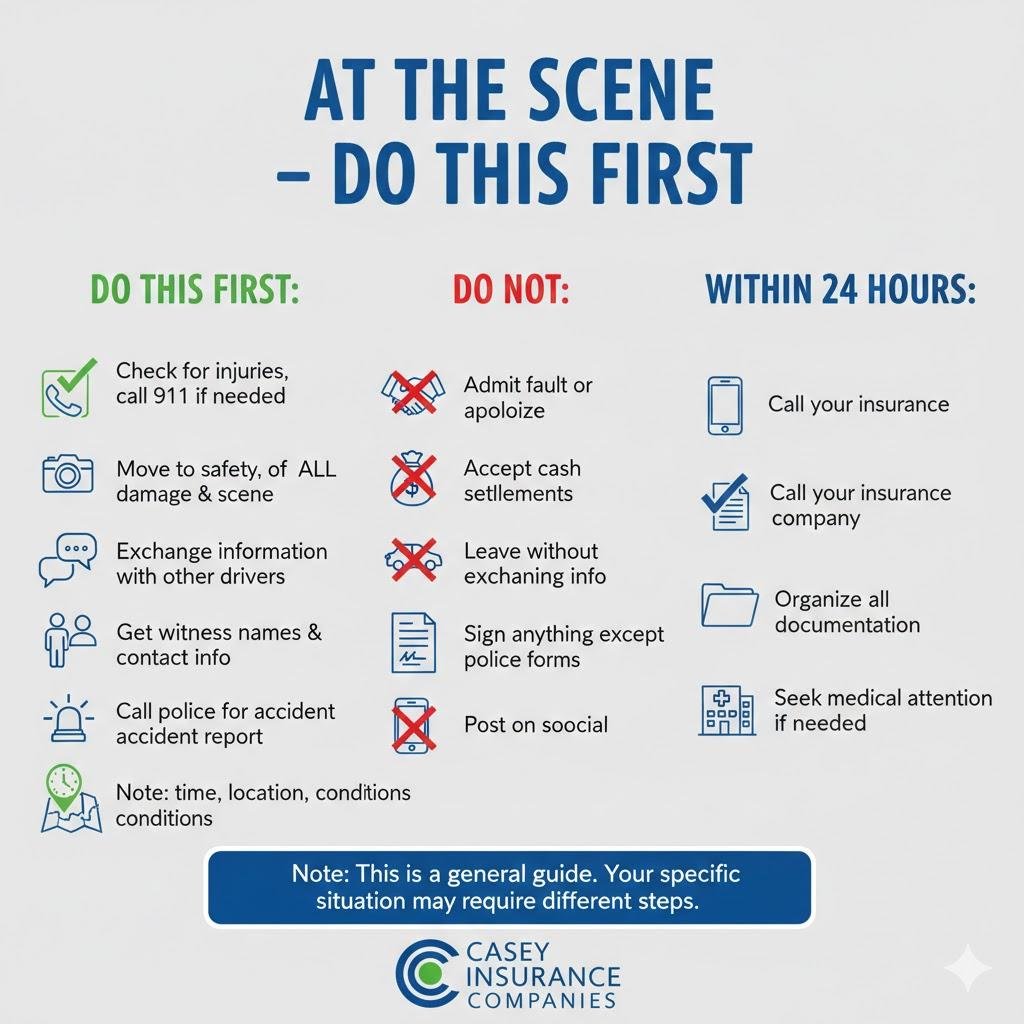 Accident scene checklist showing immediate actions to take, what to avoid, and follow-up steps for auto insurance claims