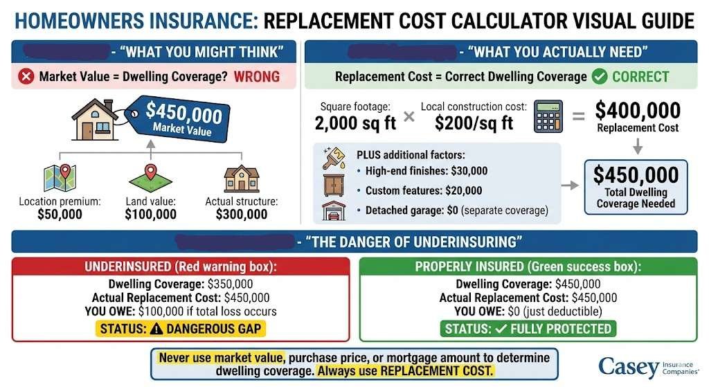 Dwelling coverage replacement cost calculator showing difference between market value and actual rebuilding costs for proper home insurance coverage