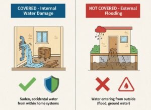 Flood and water damage insurance comparison showing covered internal water damage versus excluded external flood damage requiring separate policies