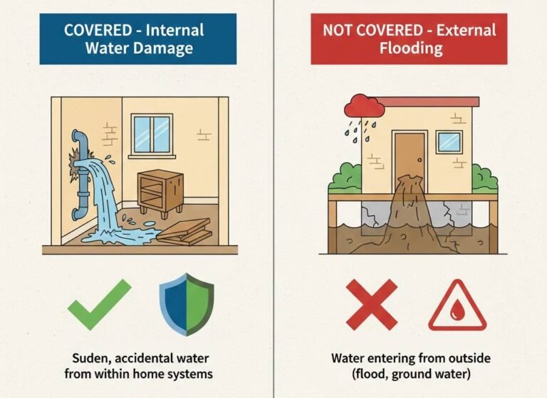 Flood and water damage insurance comparison showing covered internal water damage versus excluded external flood damage requiring separate policies