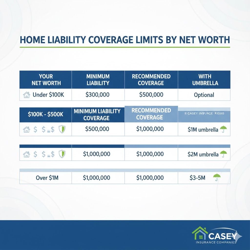 Home liability insurance coverage recommendations by net worth showing minimum and recommended limits with umbrella coverage