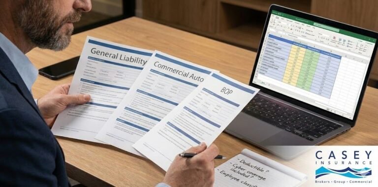 Small business owner comparing business insurance policy options in 2026