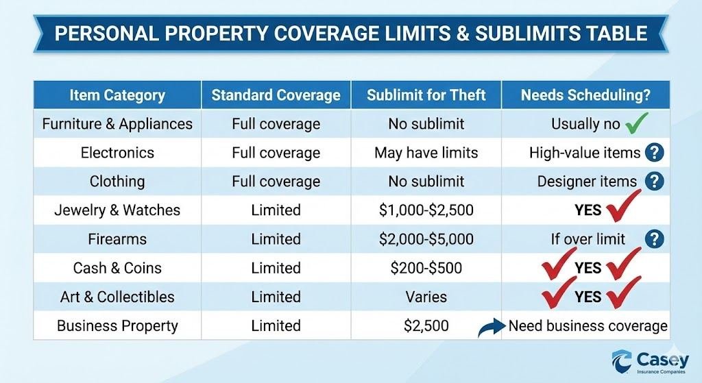 Personal property insurance coverage limits table showing sublimits for valuables and when scheduling is required