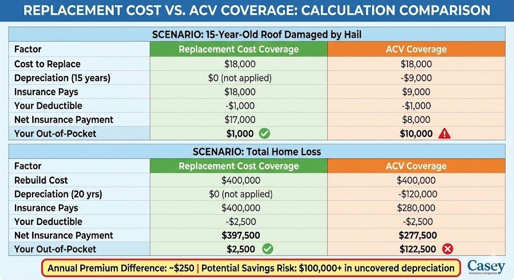 Replacement cost versus actual cash value insurance calculation comparison table showing depreciation gaps and out-of-pocket costs
