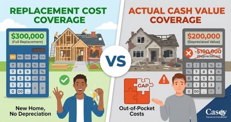 Replacement cost versus actual cash value insurance comparison showing full coverage rebuild versus depreciation gap with ACV policy