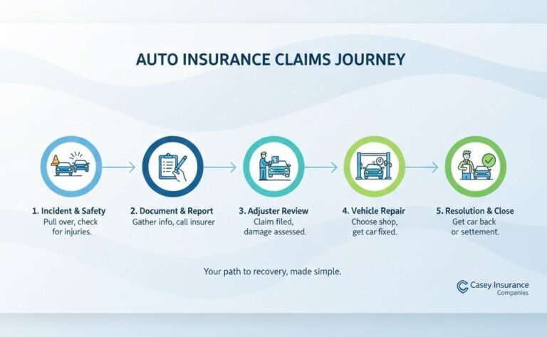 Auto insurance claims process timeline showing step-by-step guide from accident to settlement with documentation and repair