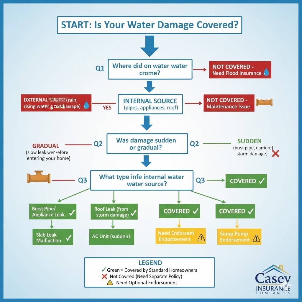 Water damage insurance coverage decision tree flowchart showing when homeowners insurance covers water damage versus when separate flood insurance is needed