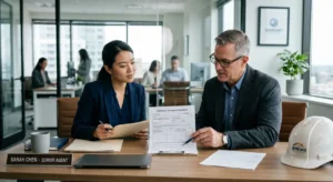 Business owner reviewing a certificate of liability insurance document with an insurance agent