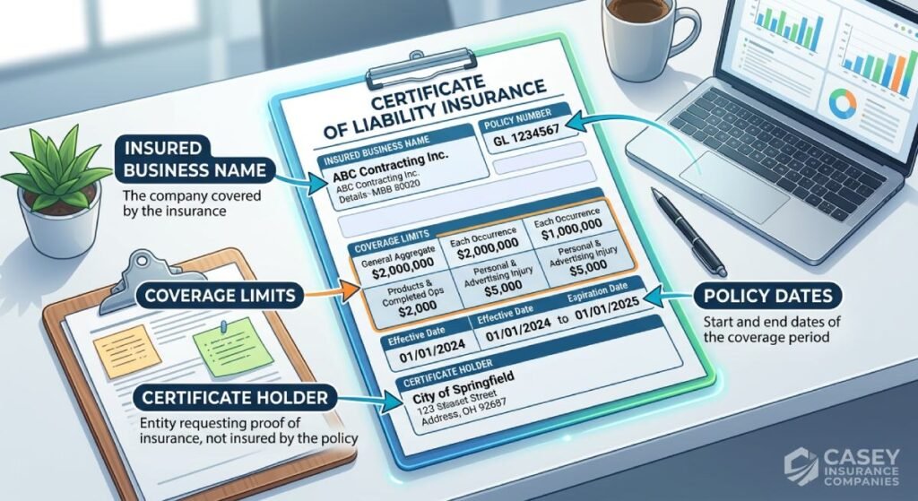 Example of a certificate of liability insurance showing key sections such as policy number, coverage limits, insured business details, and certificate holder information