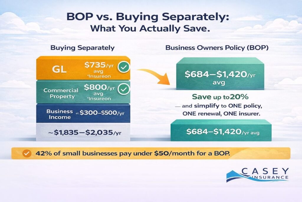 BOP vs standalone insurance cost comparison infographic showing business owners policy savings
