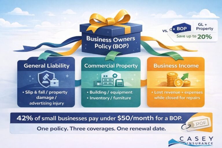 Business owners policy BOP bundle infographic showing general liability commercial property and business income coverage