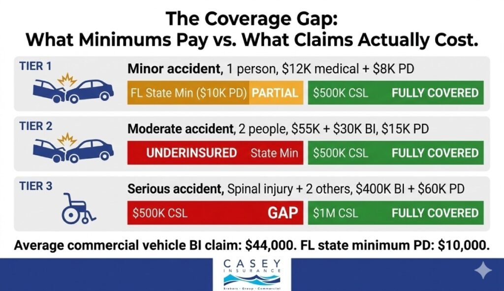 Commercial auto liability coverage gap between Florida state minimums and actual accident claim costs